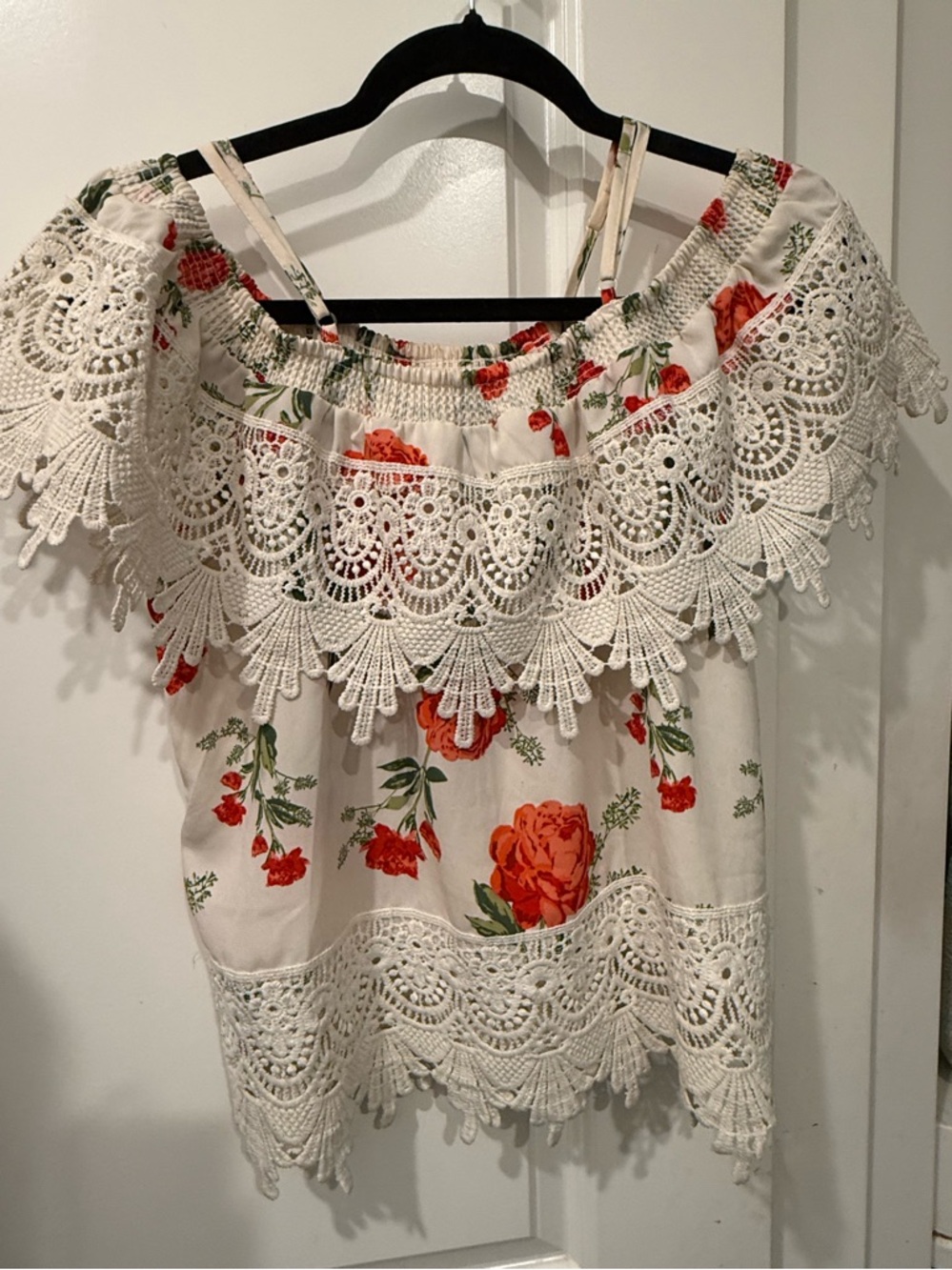 Off-Shoulder Floral Crochet Tunic Top - White with Orange Floral